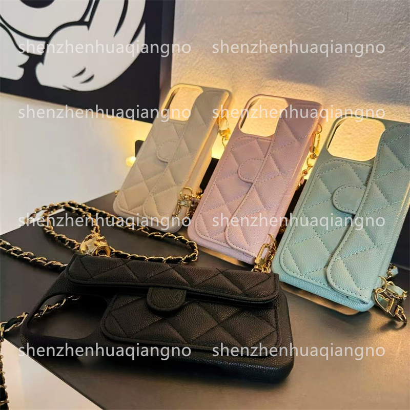 Designer Caviar Leather Crossbody Phone Case For iPhone 17 Pro Max 16 Pro Max 15 14 13 12 11 16 Plus 15 Plus 17 Air Case Card Holder Bag Luxury Wallet Case Chain Lanyard AAAA