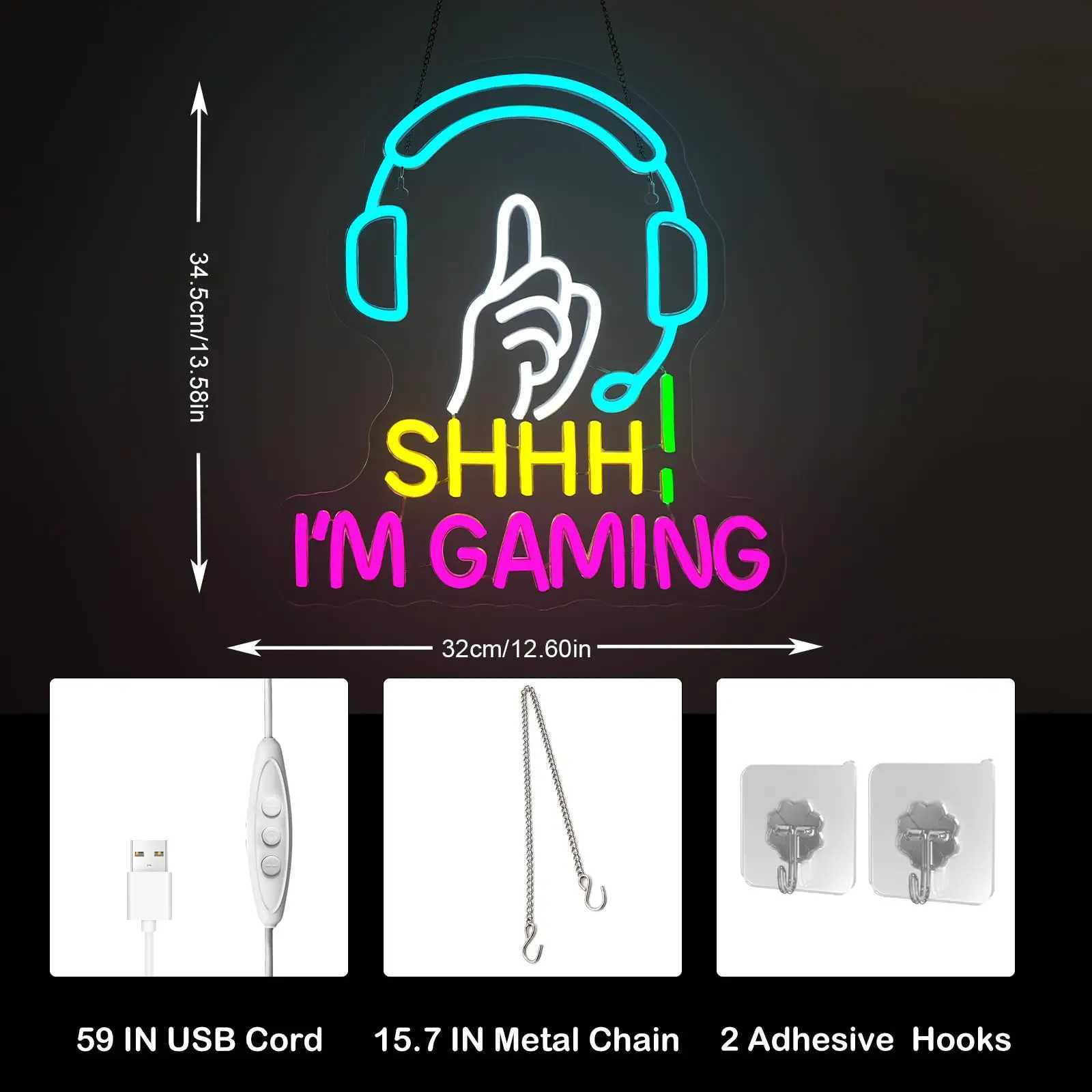 Shhh Im Gaming Neon Sign LED Wall Light with Headset Finger Gesture Design Gamer Room Neon Decor for Bedroom Game Room Gift Y250916