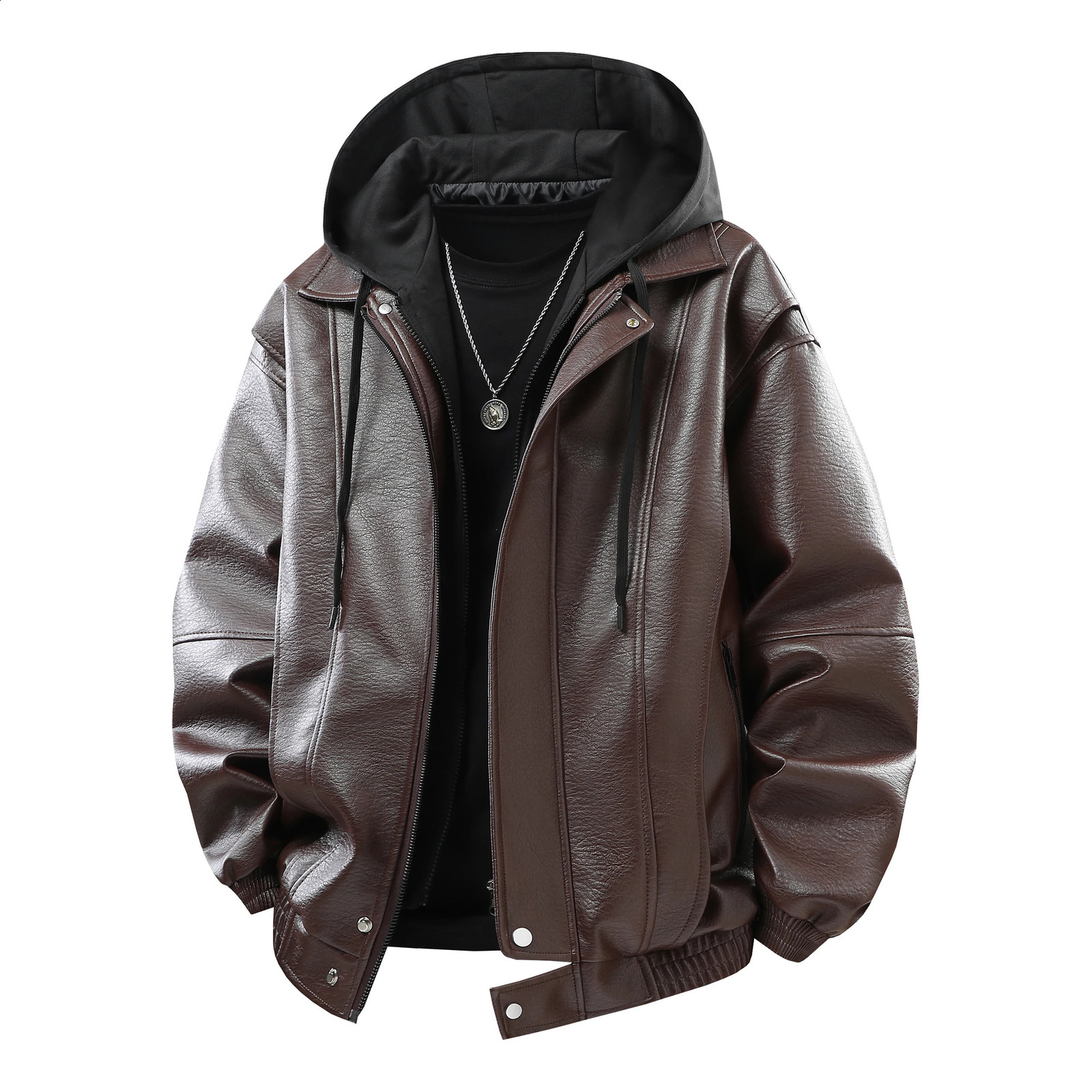 Autumn Mens PU Leather Jacket Casual Hooded Coat Outdoor Windproof Classic Solid Color Long Sleeve Top Men Clothes 250916