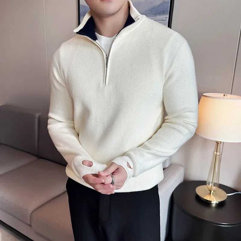 2024 Autumn Winter Sweater For Men High Quality Half Zipper Coat Mens Stand up Collar Color Blocked Slim Fit Knitted Pullover Z250916