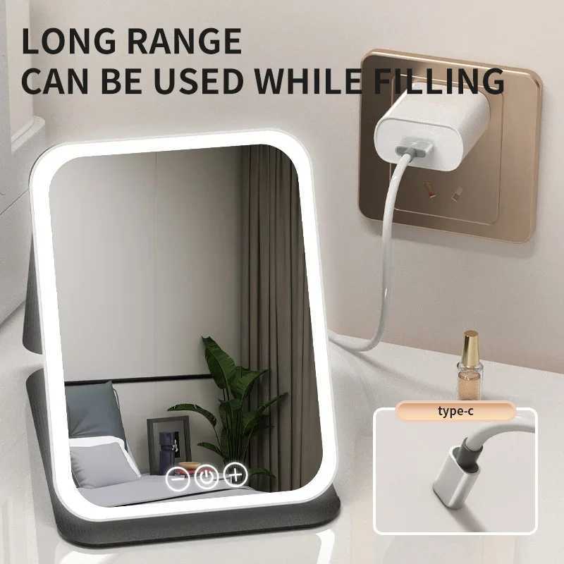 Fold LED Dimmable Makeup Mirror 3 Colors Light Adjustable Brightness USB Charging Fold Mirror Tabletop Vanity Mirror for Travel C250916