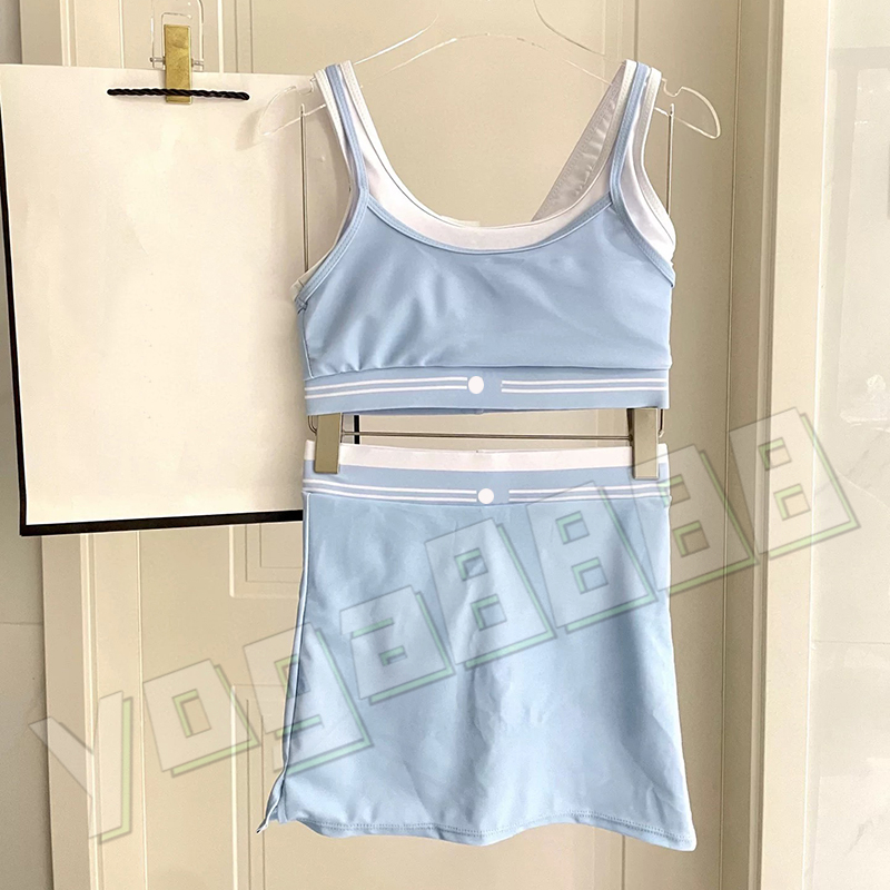 Designer Yoga Sets Two Piece Set Womens Designer Anti Exposure Tennis Skirt Outfit Tennis Dress Training Sweatsuit Fake Two Piece Color Blocking Sports Vest Gym Suit