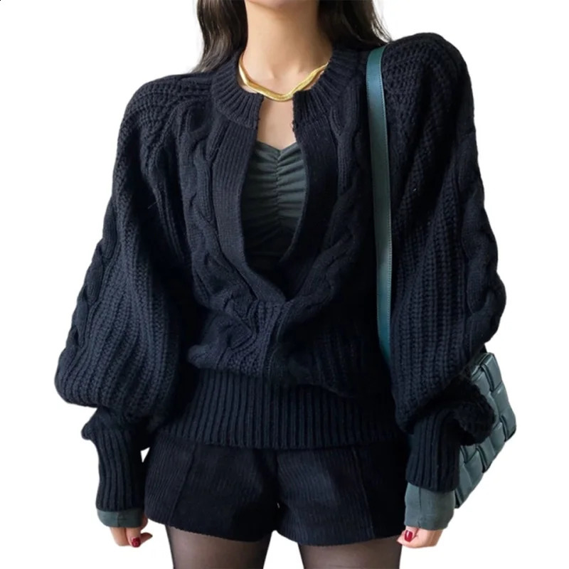 Womens Y2K Harajuku Oversized Sweaters Lantern Long Slve Dp V Neck Solid Color Cable Knitwear Pullover Tops Strtwear 250916 L251018CH4M
