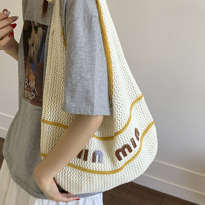 Designer Bag beach bag 2025 New Women's Knit Tote Bag Color Block Letter Print Retro Openwork Shoulder Underarm Bag for Women Free Shipping