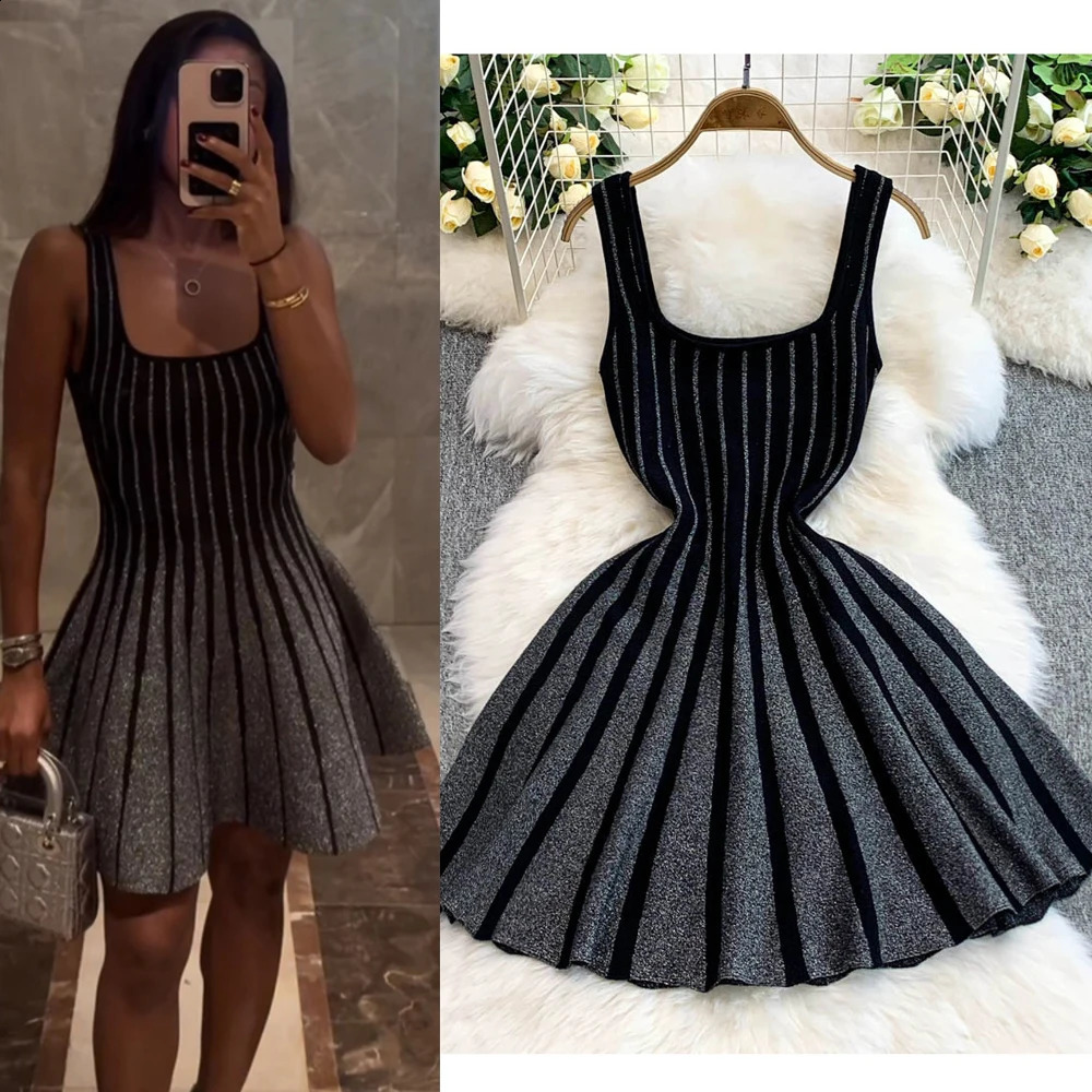 2025 Summer Mature Style Sleeveless Knitted Mini Dress Women Clothing Elegant Square Collar Stripe Backless Slim Short Dresses 250916 C260312