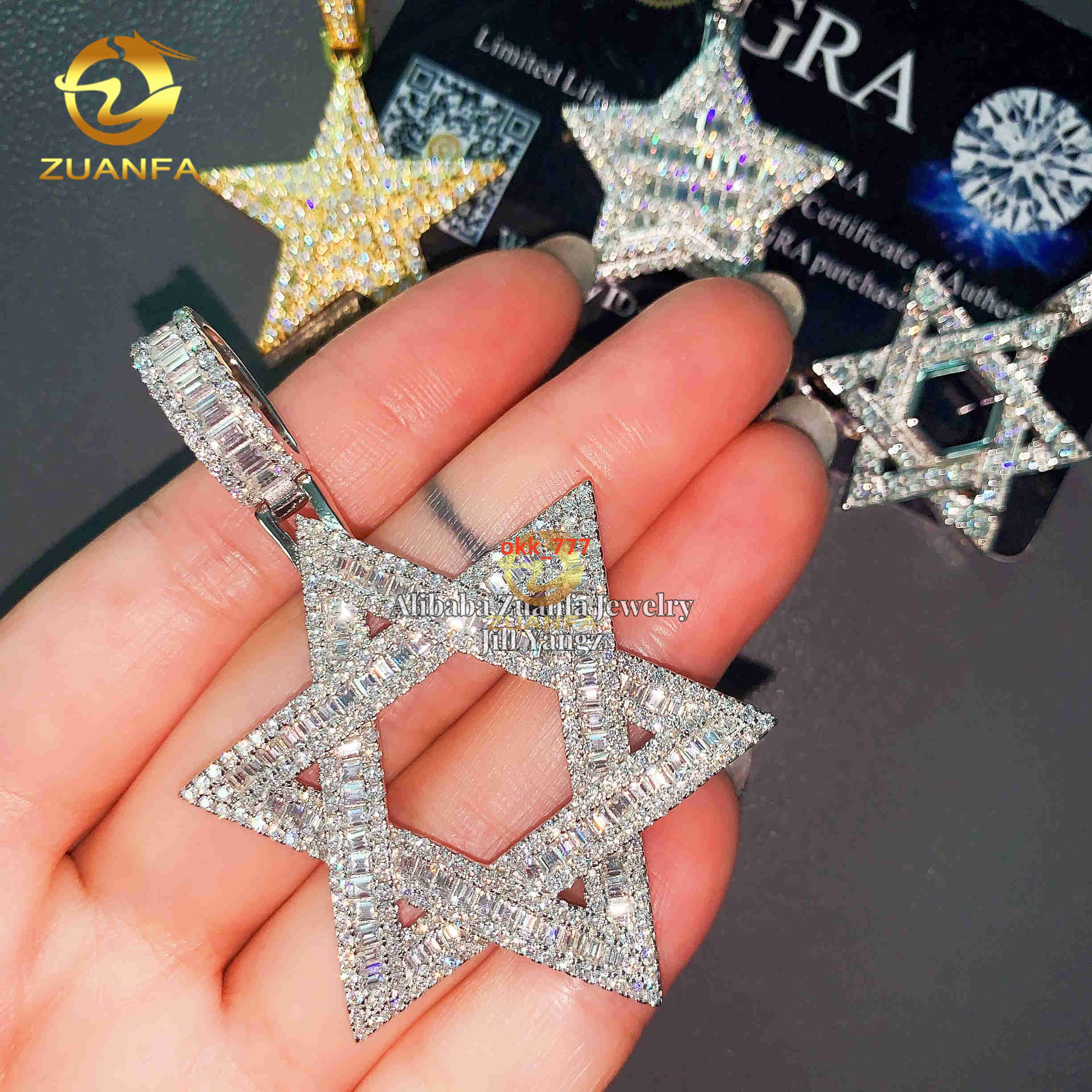 Star of David Pentagon Lucky Charm Golden Star Pendant Moissanite Pendants Baguette Iced Out Jewelry Custom Moissanite Pendant