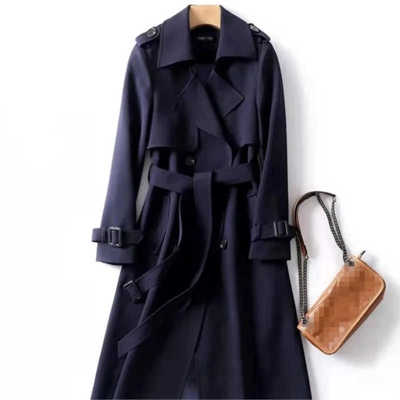 Womens Trench Coat 2024 Autumn Korean Long Jacket with Belt Solid Double-breasted British Style Khaki Coat For Women Red BlueT251216