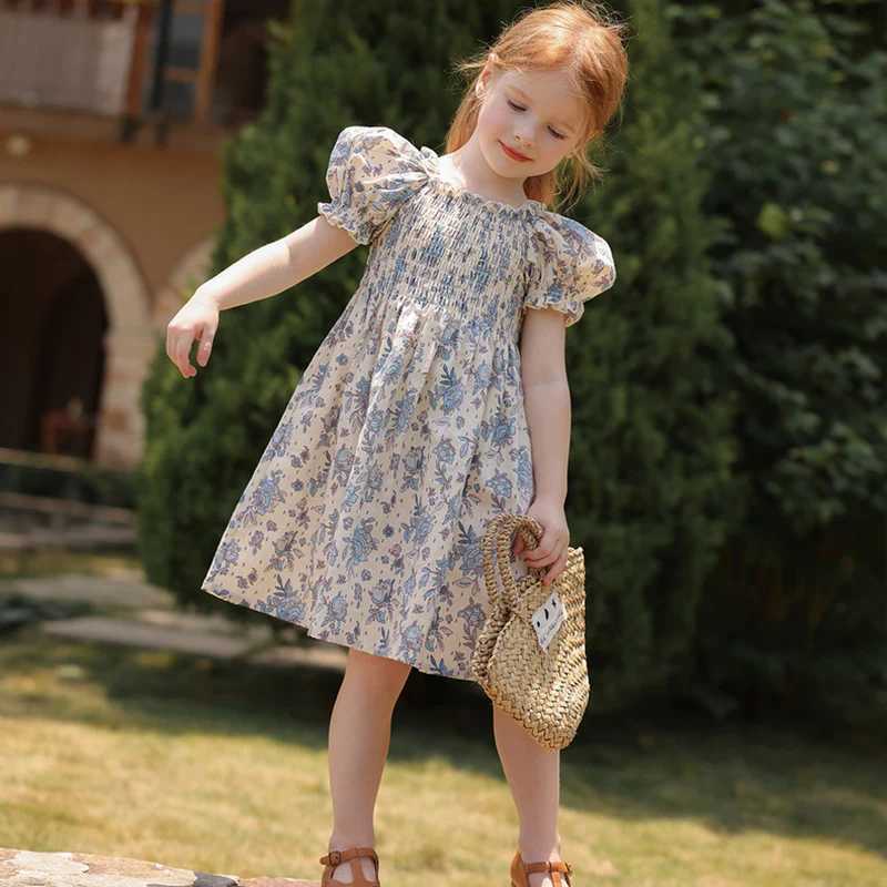 New Summer Clothes Baby Girls Princess Dresses Puff Sleeve Blue Flower Toddlers Vacation Kids Cotton Cute Dress Casual Outfit C250916