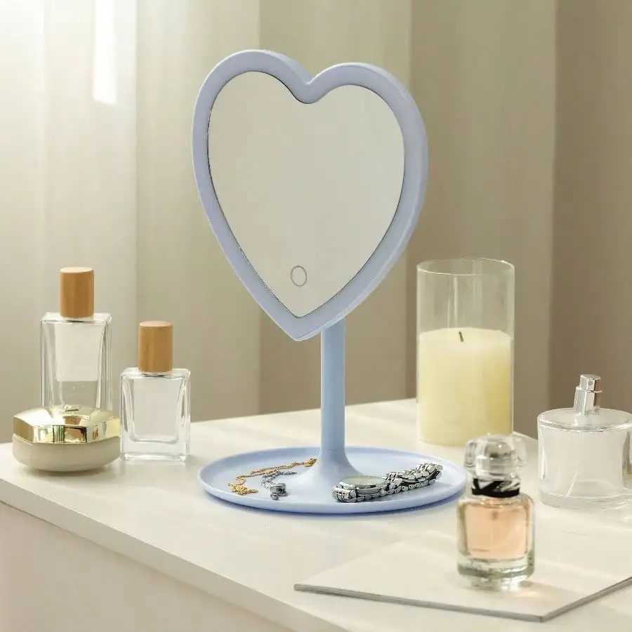 Tall light blue plastic frame tabletop heart shaped LED lighted mirror with trinket tray for bedroom vanity decor C250916