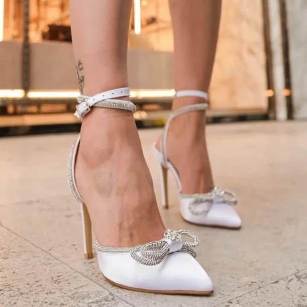 Designer White Pointed Toe Women Prom Wedding Sparkly Sequined With Straps Chic Bridal Summer Sandals For Ladies High Heel Casual Shoes Pumps Cl0501 Y