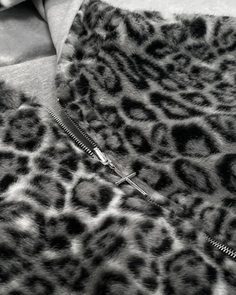 American Fashion Reversible Faux Fur Leopard Zipper Hoodie Mens Womens Oversized Sweatshirt Print Mink Lining Y2K 250916