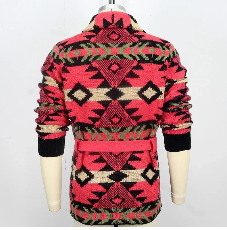 Men Coats Cardigan Sweaters Mid Length Coat Turn Down Collar Full Sleeve Print Casual Lace Up Belt Splice Autumn Winter 250915 - view 7