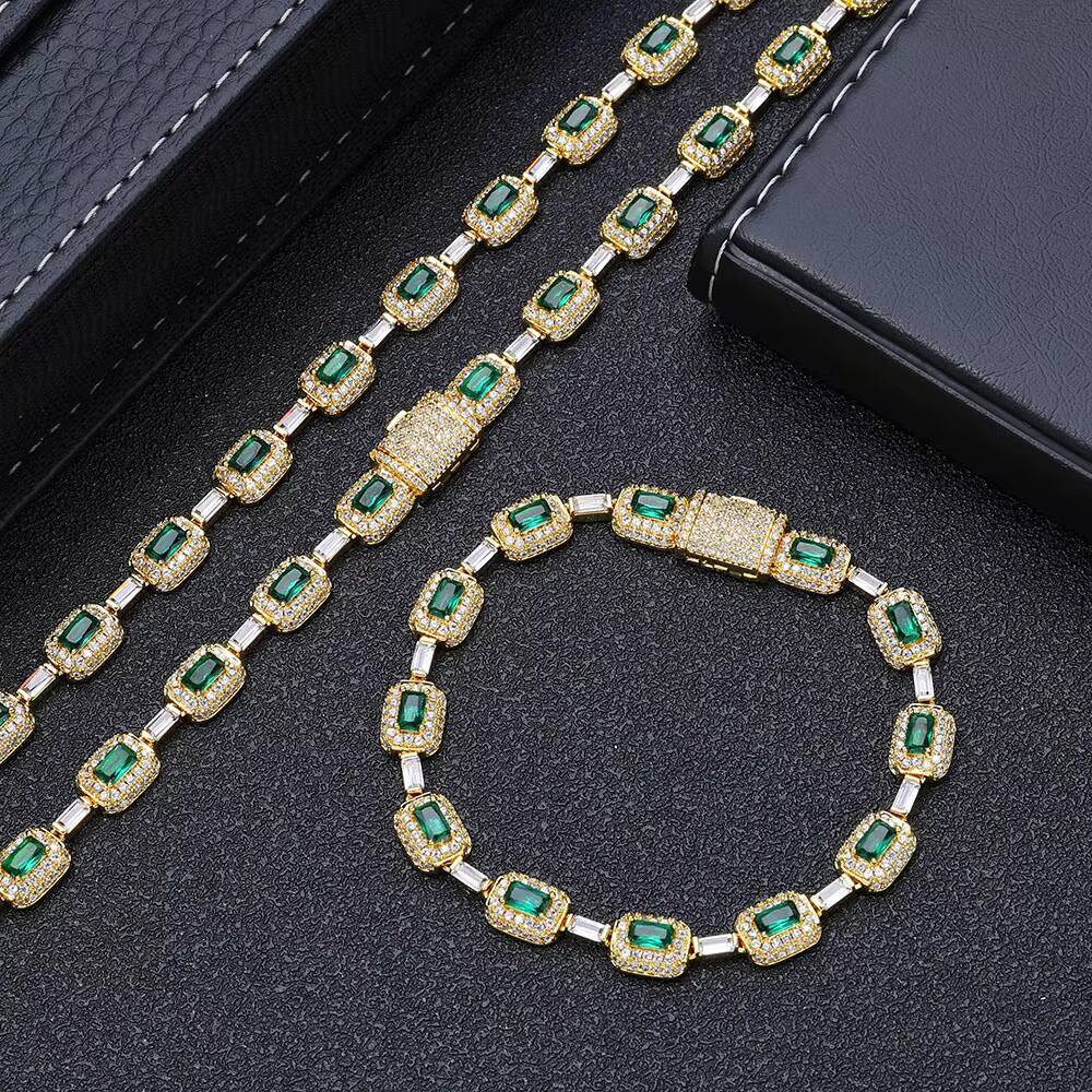 NUOYA Fashion Jewelry Iced Emerald Cushion Cut Diamond Bracelet White Gold Inlaid Green Baguette Zircon Womens Bracelet