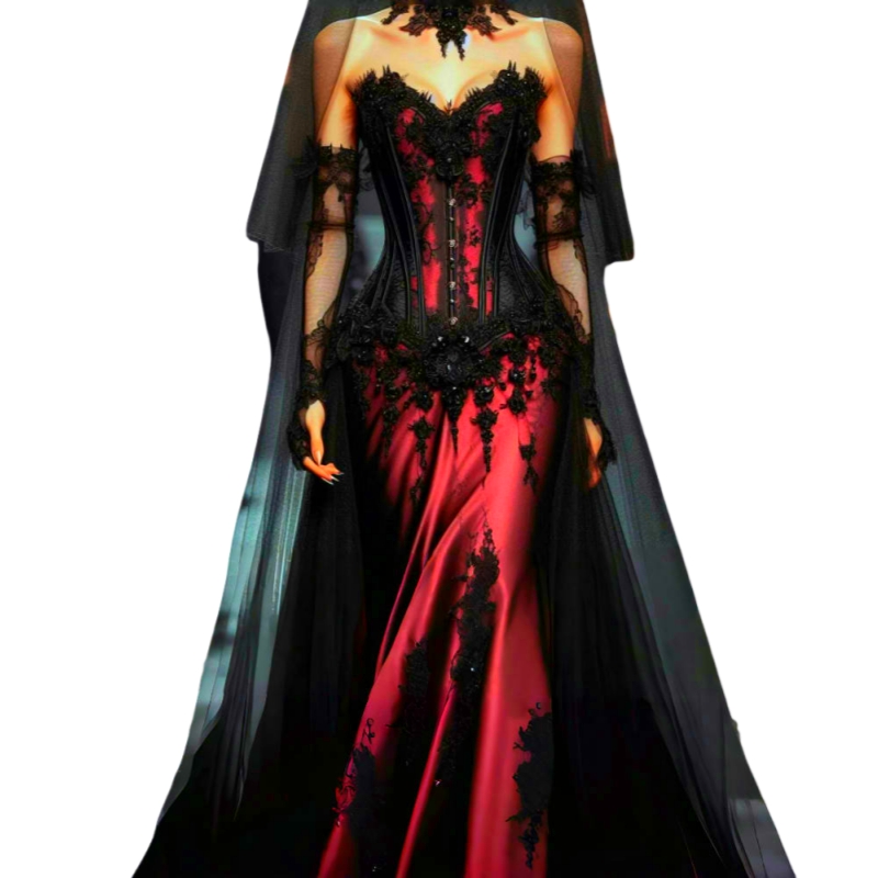Black And Red Gothic Wedding Dresses Sweetheart Neckline Corset Mermaid Satin Bridal Gown With Lace Appliques Detachable Train Vintage Bride Dress