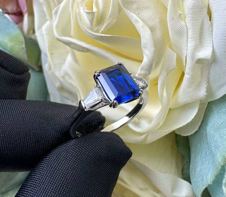 Fashion Emerald Cut Blue Sapphire Gift Classic Wedding Engagement Diamond Gemstone Ring