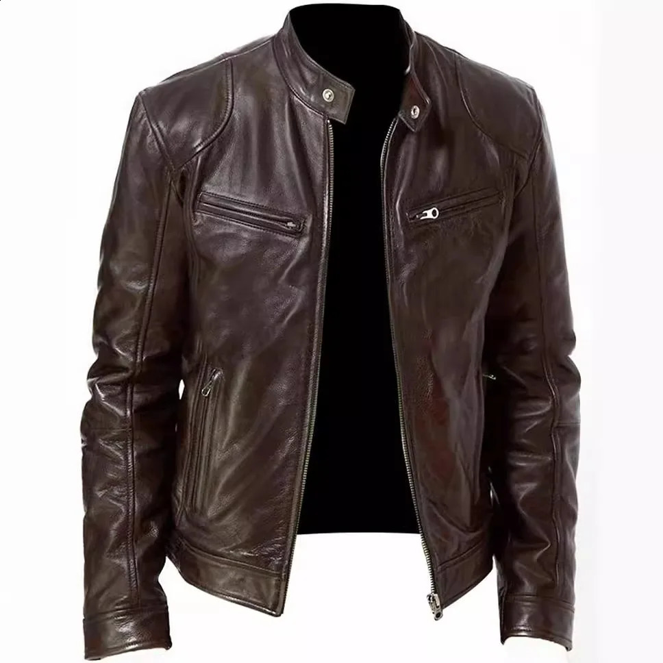 Fashionable Youth Motorcycle Jacket Personalized Mens Multipocket Standcollar Zippered Fashion Cardigan Leather Coat 250916