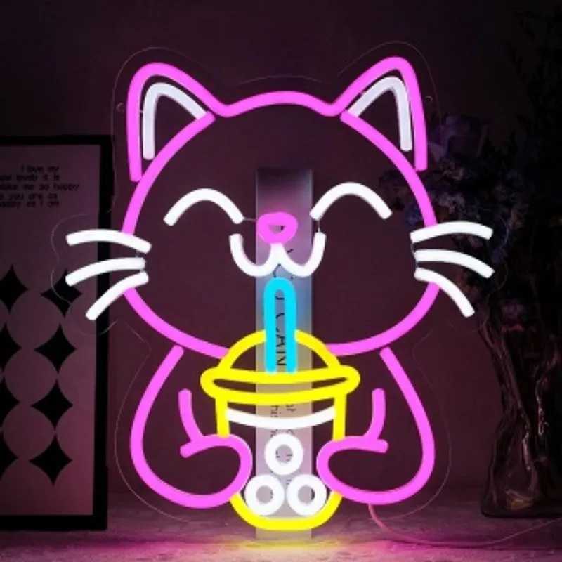 Boba Tea Neon Sign Cat Beer Neon Sign Bubble Tea Shop Sign Led Wall Decor Dimmable Room Decoration Dessert Shop Bar Club USB Y250916