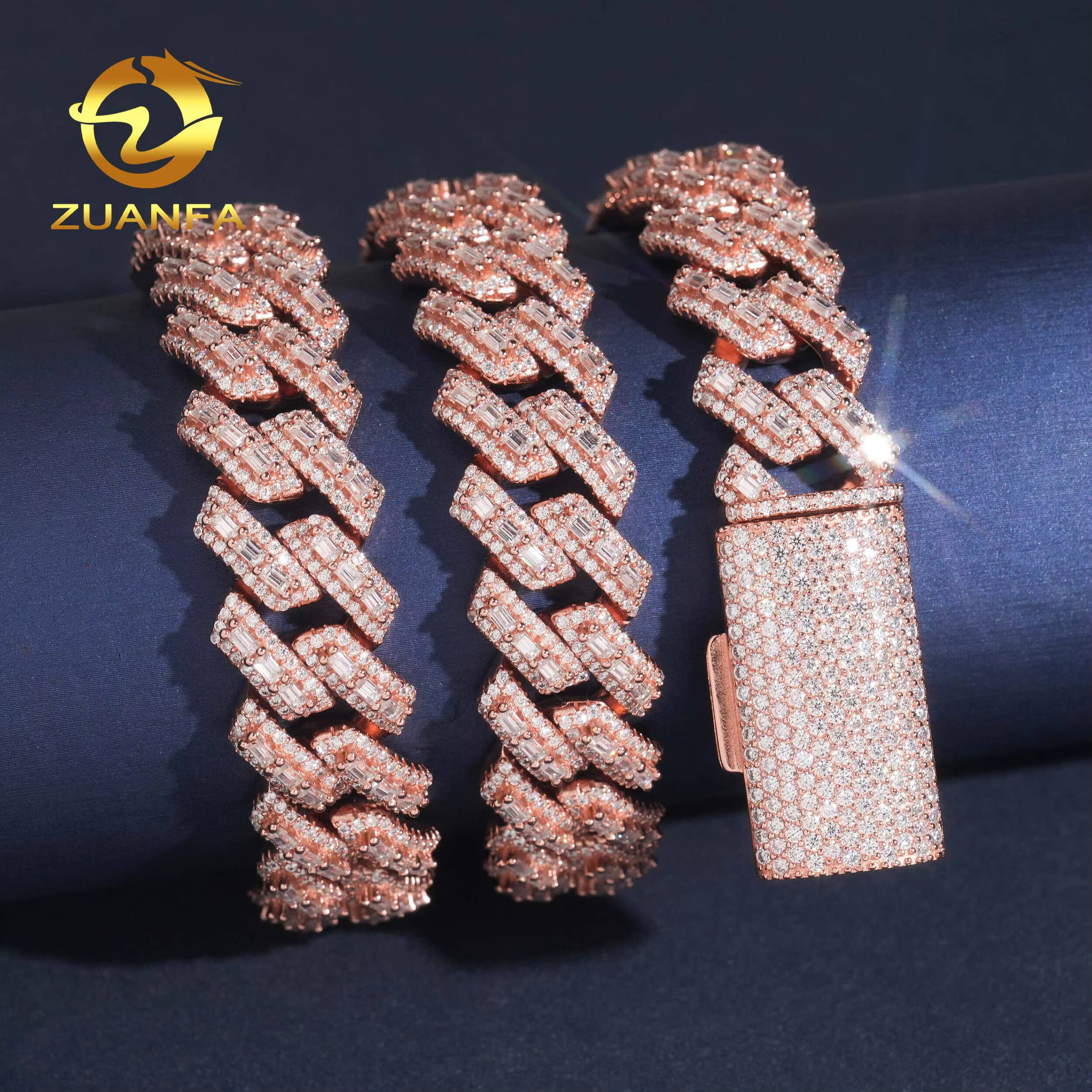 PROMOTION 16mm Baguette Moissanite Chain Cuban Links Pass Diamond Tester 925 Silver Cuban Link Chain Necklace Rose Gold Plated