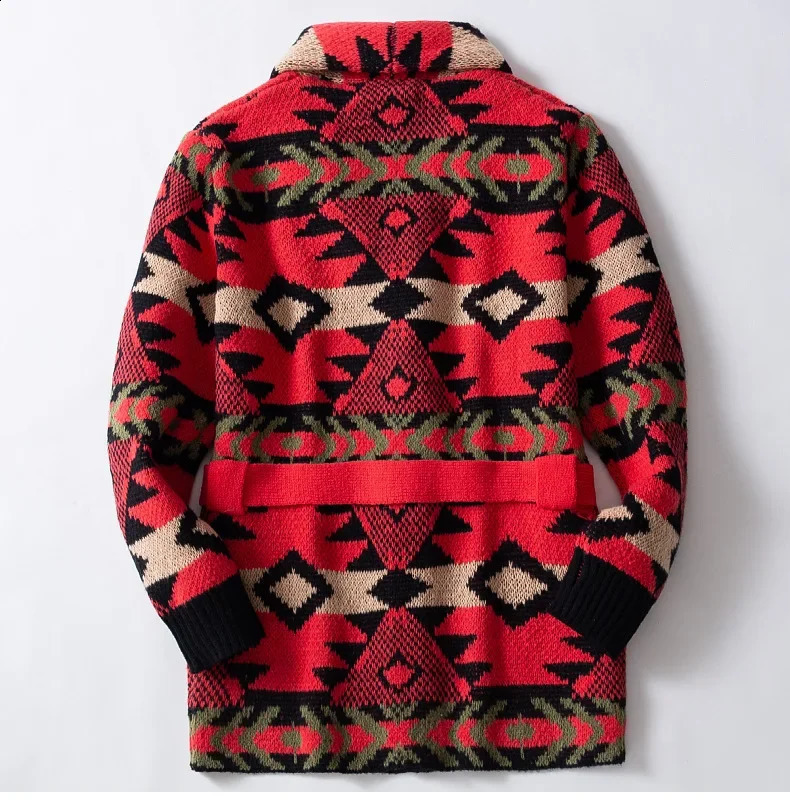 Men Coats Cardigan Sweaters Mid Length Coat Turn Down Collar Full Sleeve Print Casual Lace Up Belt Splice Autumn Winter 250915 - view 6