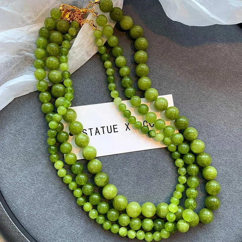 Natural Green Stone Round Beads Necklace French Fashion Jewelry For Girls Womens Sexy Collarbone Chain Accessories 250915