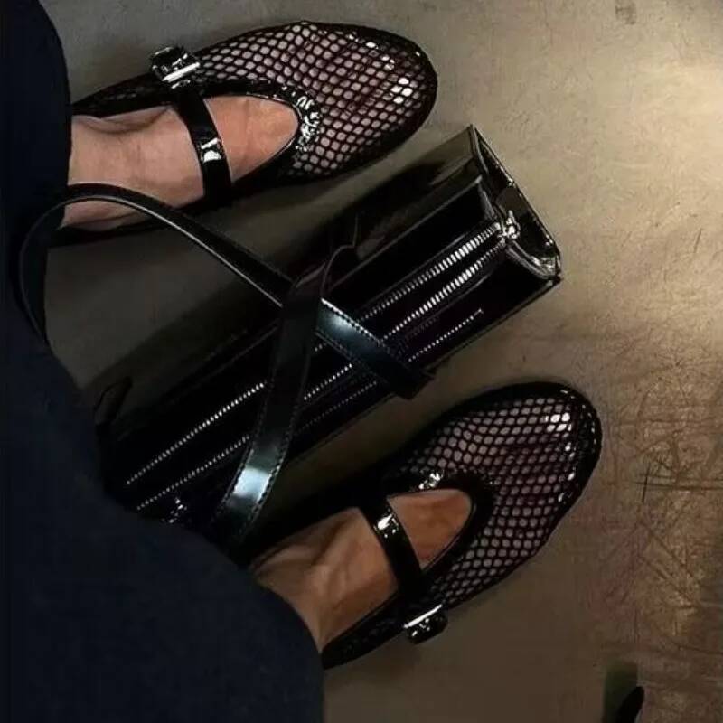 Black Ballet Female Summer New Flat Hollow Mesh Breathable Single Shoe Fishnet Shoes Sandals ddmythur