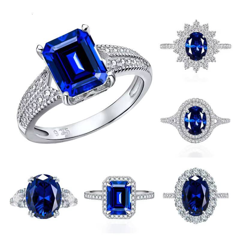 Fashion Emerald Cut Blue Sapphire Gift Classic Wedding Engagement Diamond Gemstone Ring
