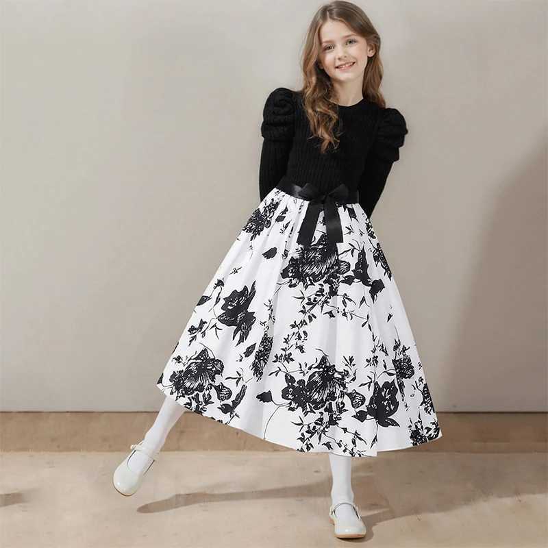 Childrens Spring Autumn Dress For 812 Years Girls Black LongSleeved Printed Dress Elegant Causal Style Birthday Party Clothes C250916