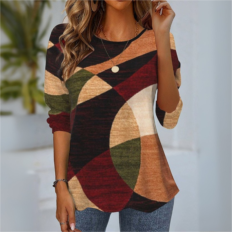 Women's Autumn New Geometric Printed Long Sleeve T-Shirt Casual Fashion Versatile Top CF43255