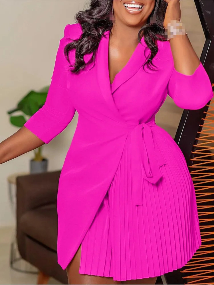 Women Solid Plus Size Folds Dress Neck Pleated Blazer Style Dress Office Vintage Sexy Lady Belt Party Tight Curvy Short Dress 250915