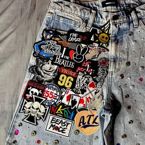 American Patch Embroidery Rhinestone Sequin Denim Shorts Y2K Jeans Men Women Hip Hop Shiny Washed Baggy Short Over The Knee Pant 250916