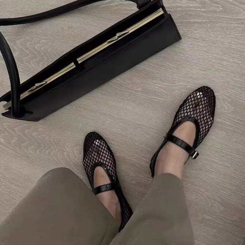 Black Ballet Female Summer New Flat Hollow Mesh Breathable Single Shoe Fishnet Shoes Sandals ddmythur