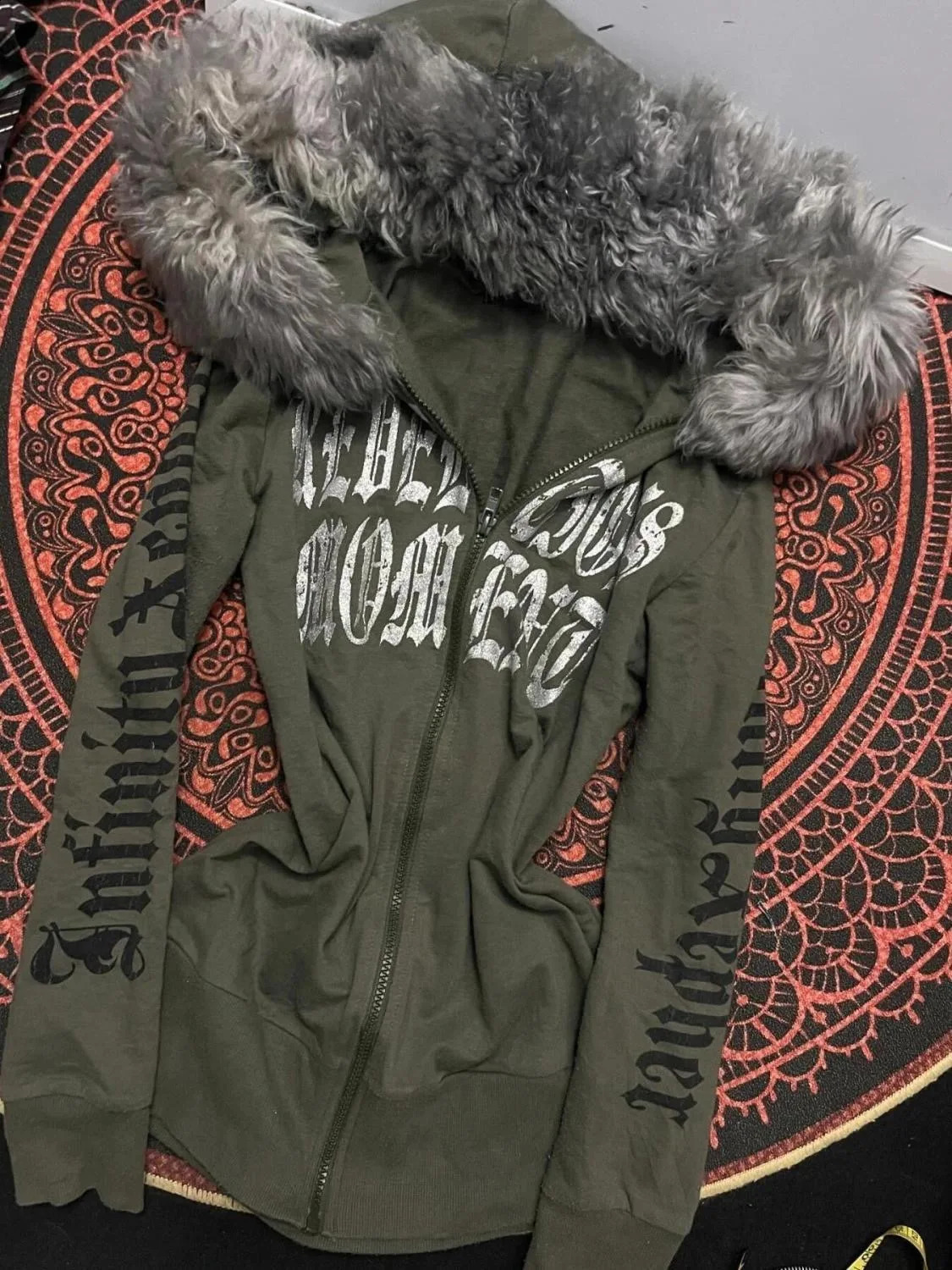 American retro vintage workwear style letter fur collar Gothic punk cardigan hoodie autumn and winter zipper jacket emo 250916