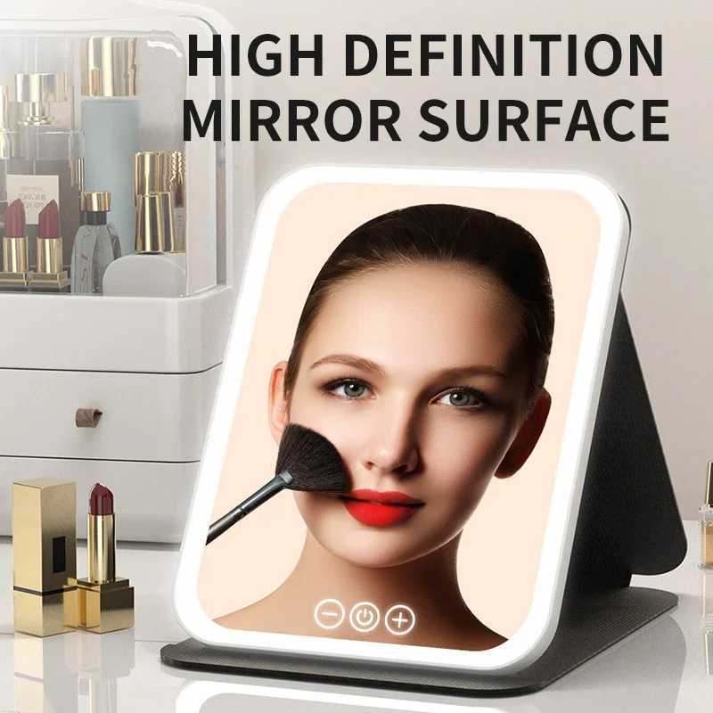 Fold LED Dimmable Makeup Mirror 3 Colors Light Adjustable Brightness USB Charging Fold Mirror Tabletop Vanity Mirror for Travel C250916
