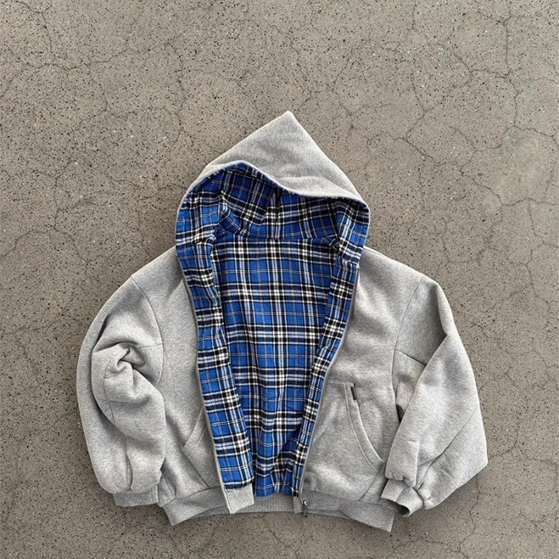 Y2k Men Clothing Harajuku Thickened Double Layer Front and Back Sweatshirt Hoodie Checkered Pattern Hip Hop Streetwear Hoodies 250915