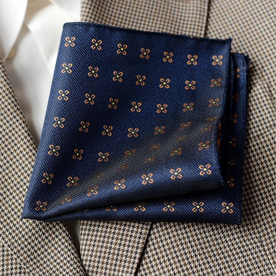 2025 Formal Pocket Square Navy Striped Floral Silk Handkerchief 24cm Brown Color Hanky Wedding Banquet Accessories Cravat250915