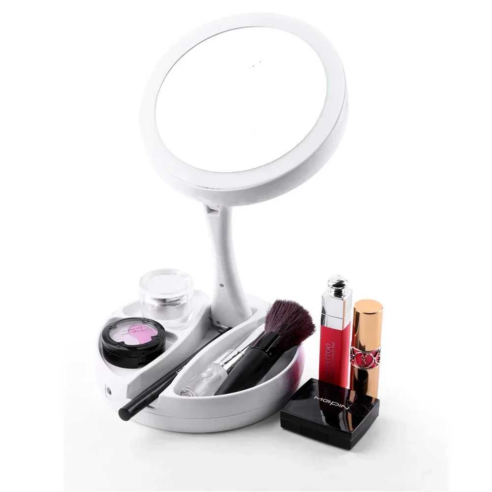 Makeup Mirror With Light White LED Folding Portable Rotating 10x Magnifying Double Side Storage Tabletop Batteries USB Charging C250916