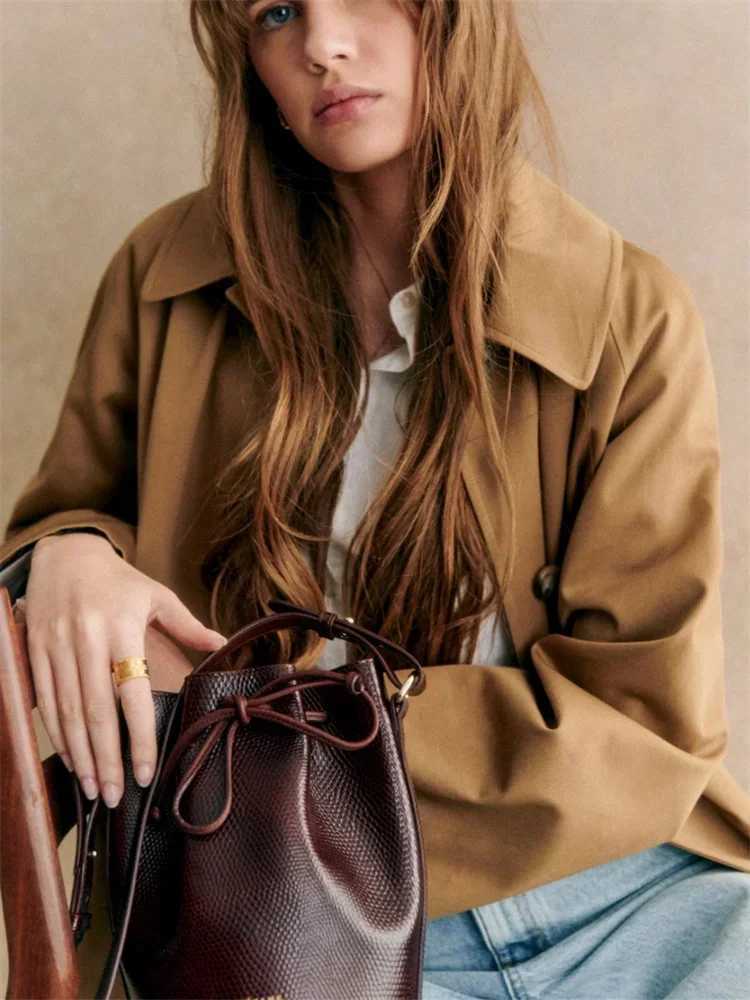 Contrast Color Plaid Women French Long Trench Coat TurnDown Collar Lady SingleBreasted MidLength Windbreaker Jacket Tops F250915
