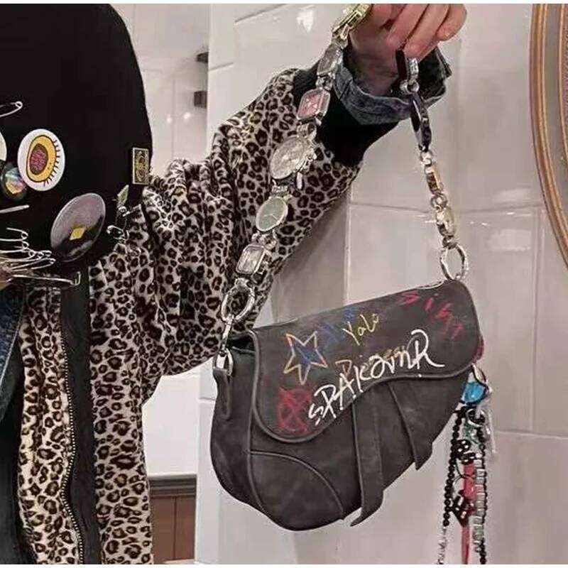 Hand-painted Graffiti Saddle Unique Artistic Crossbody Shoulder Bag Women Purse Boho Chic Handbag Watch Strap Not Included