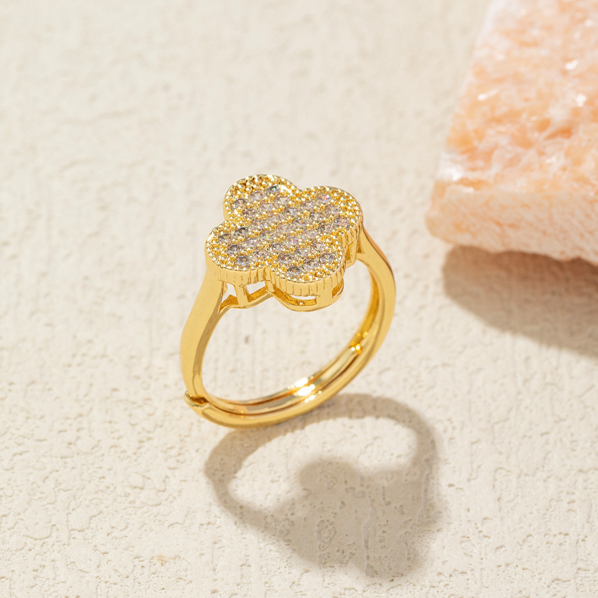 Designer Jewellery High Quality Silver Tone Clover Shaped Ring with Rhinestone Detail Delicate Daily Gift for Special Occasions Textured Stylish Acces - view 5