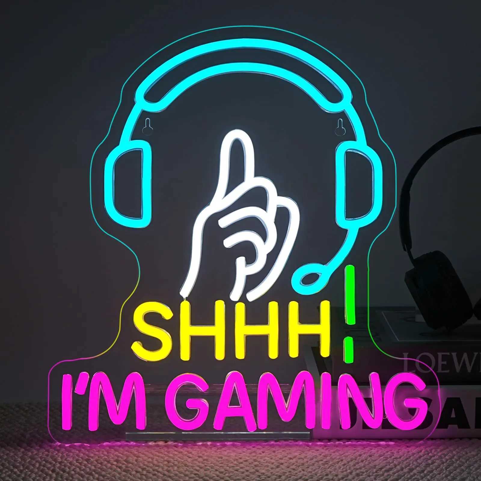 Shhh Im Gaming Neon Sign LED Wall Light with Headset Finger Gesture Design Gamer Room Neon Decor for Bedroom Game Room Gift Y250916