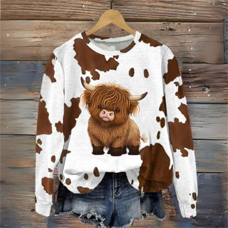 Women's Cute Highland Cow Print Sweatshirt Round Neck Long Sleeve Casual Fashion Pullover Top CF41460