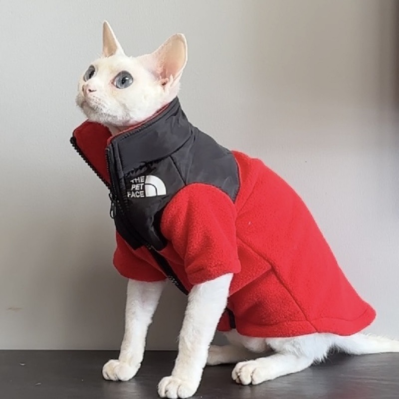 Hairless Cat Clothes Sphynx Devon Rex Abyssinian Winter Color Block Fleece Hoodie Jacket Coat