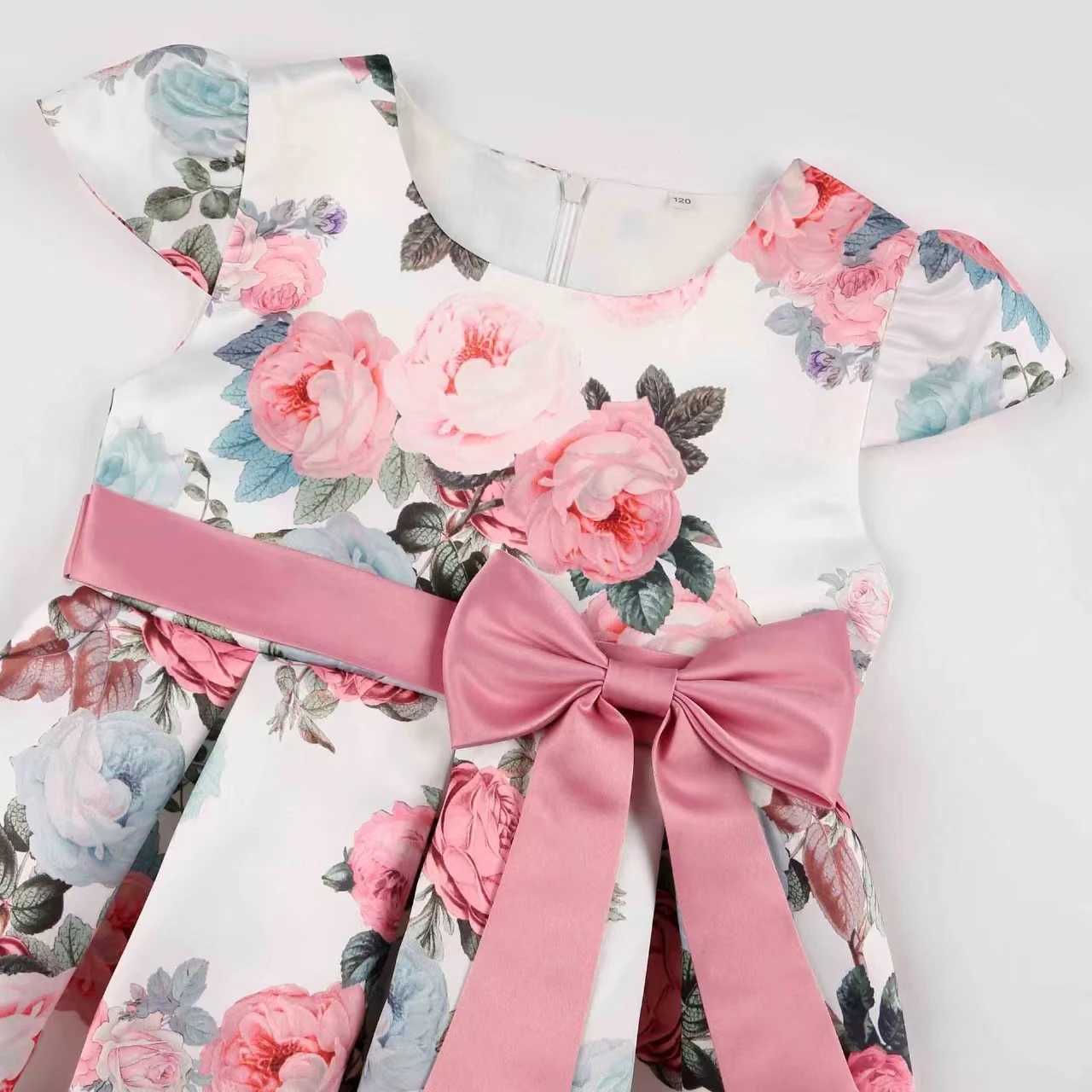 2025 New Rose Print Dress Girls Bow Dress European American Princess Dresses Holiday Party Performance Gowns Party Banque C250916