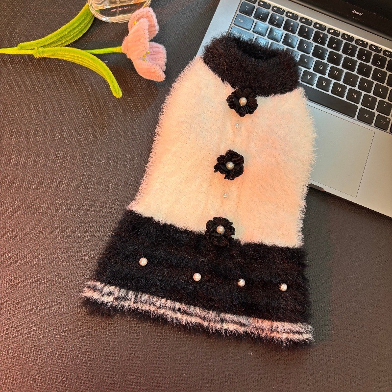 Winter Pet Mink Velvet Beaded Flower Warm Vest Dress for Dogs and Cats Bichon Maltese Corgi Pomeranian Yorkshire Terrier