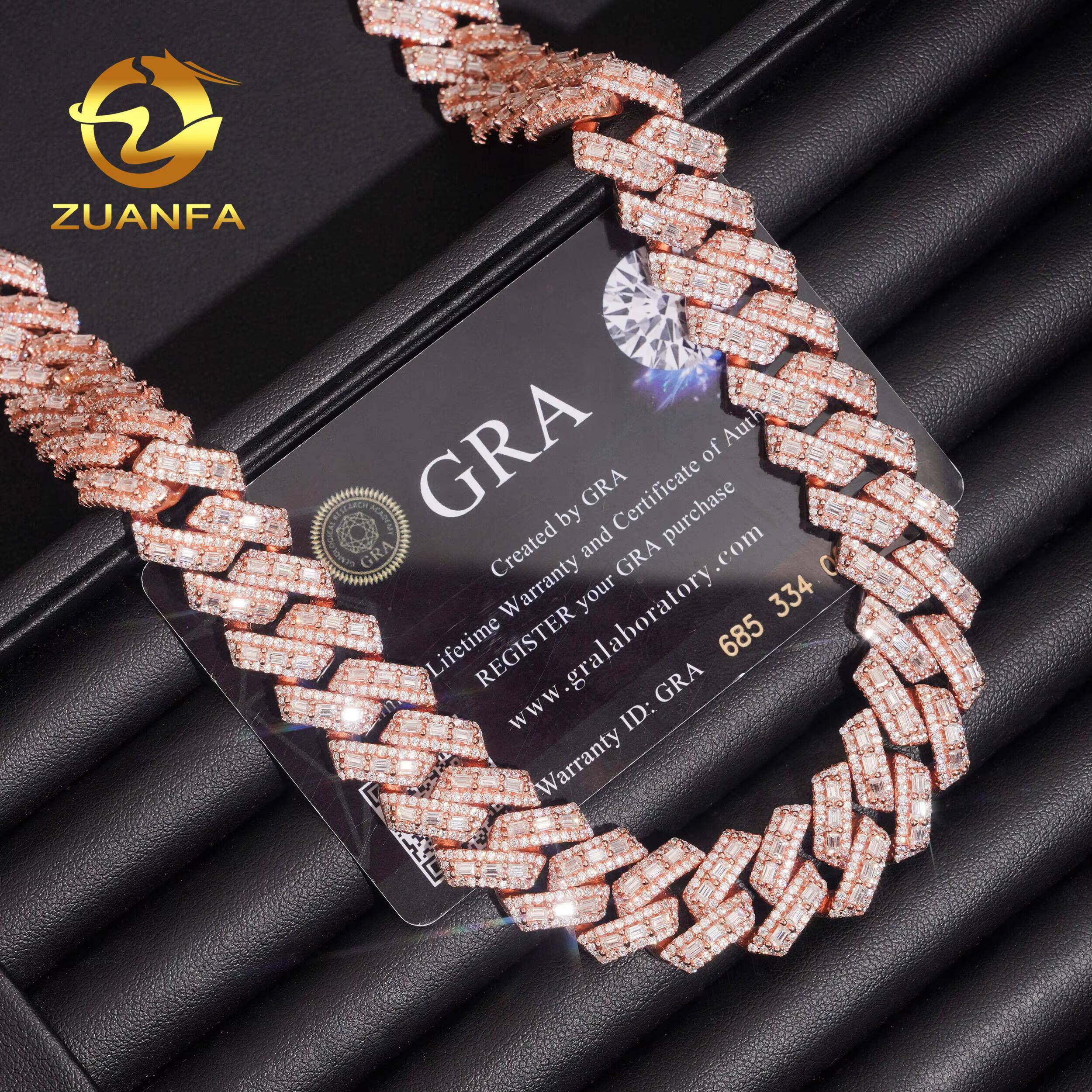 PROMOTION 16mm Baguette Moissanite Chain Cuban Links Pass Diamond Tester 925 Silver Cuban Link Chain Necklace Rose Gold Plated