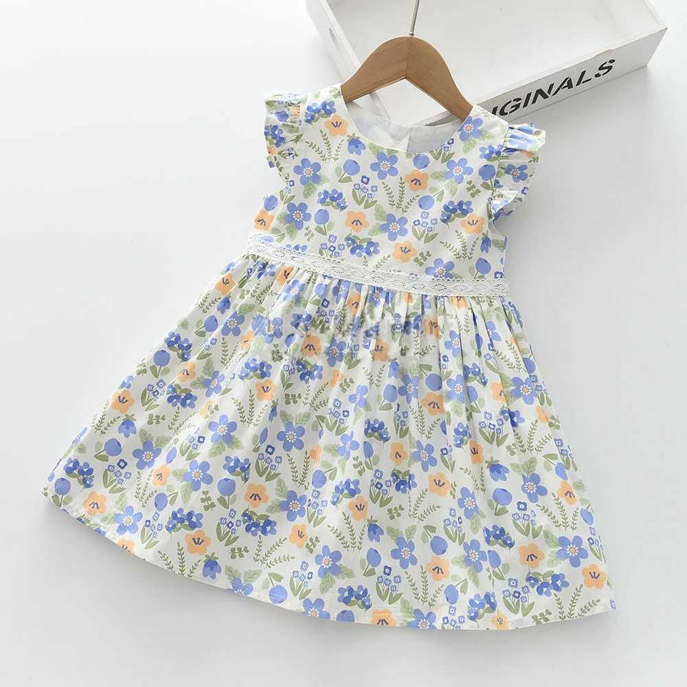 Summer Dress Childrens Clothing Round Neck Flying Sleeve Flower Printing Dress Girls Casual Dress C250916