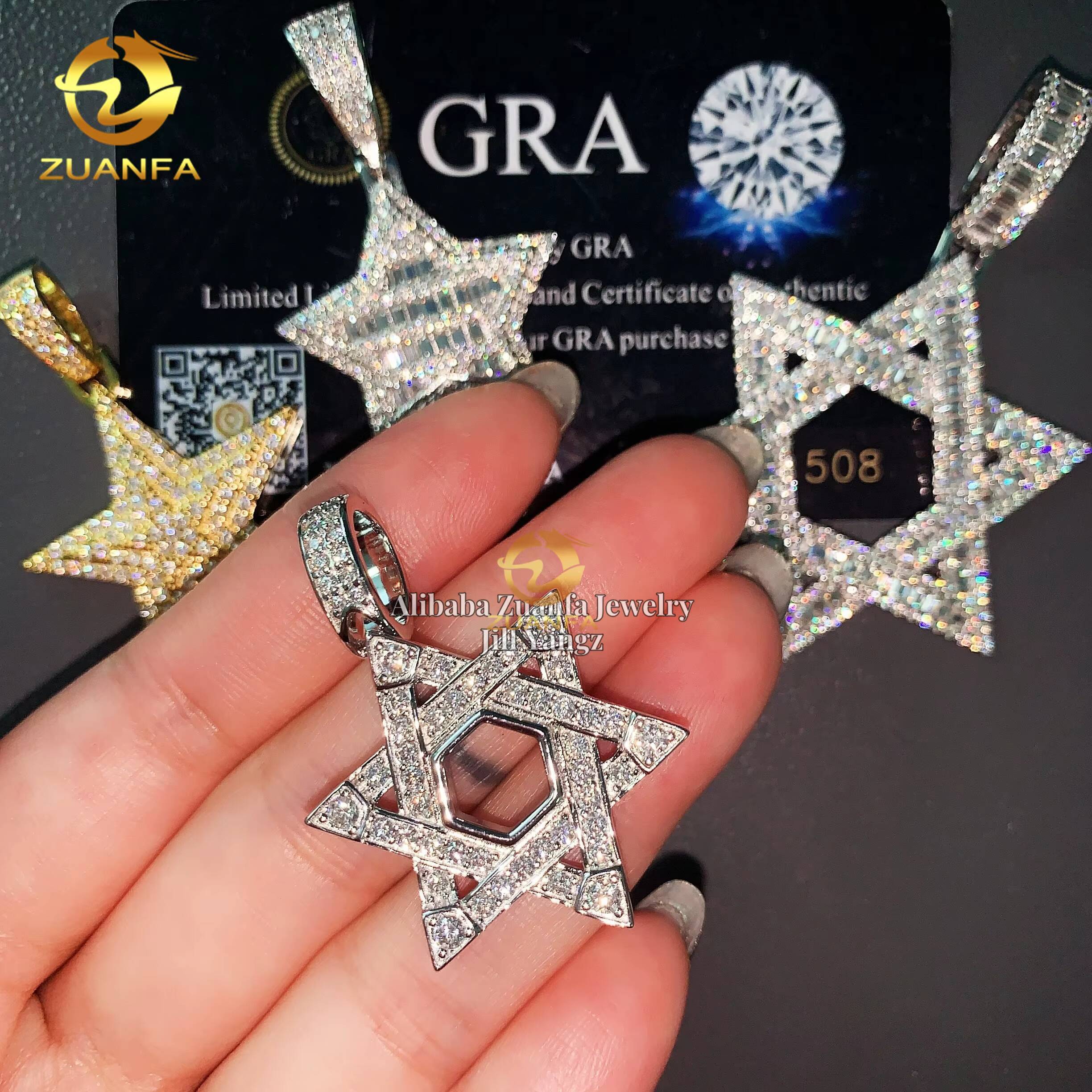 Star of David Pentagon Lucky Charm Golden Star Pendant Moissanite Pendants Baguette Iced Out Jewelry Custom Moissanite Pendant