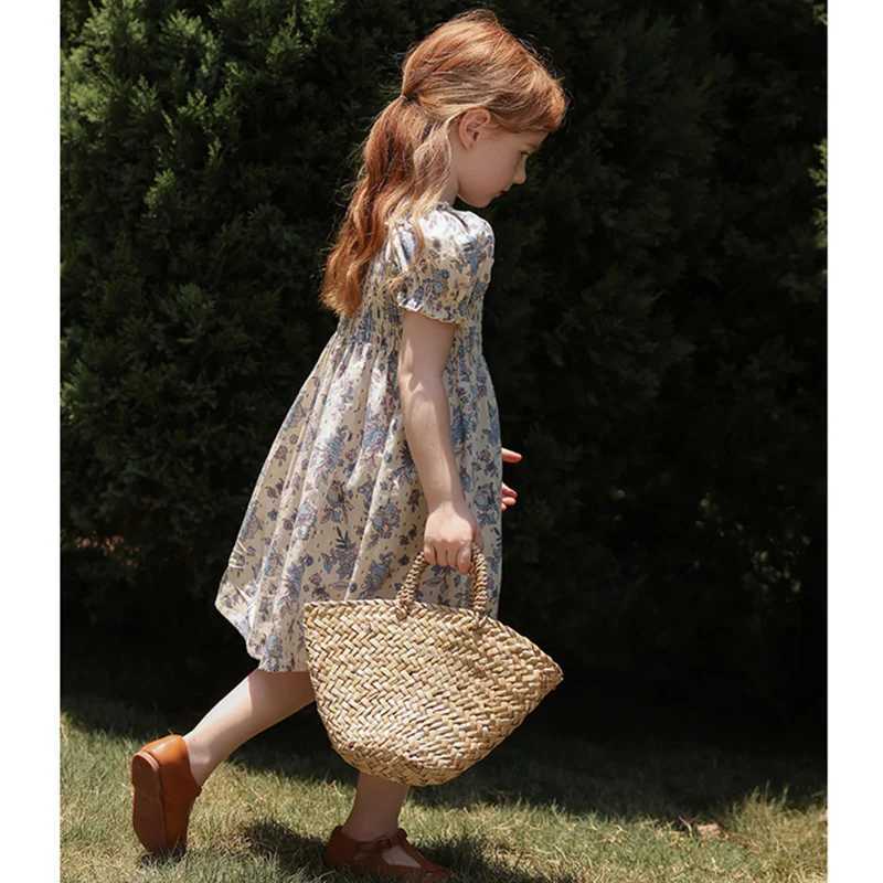 New Summer Clothes Baby Girls Princess Dresses Puff Sleeve Blue Flower Toddlers Vacation Kids Cotton Cute Dress Casual Outfit C250916