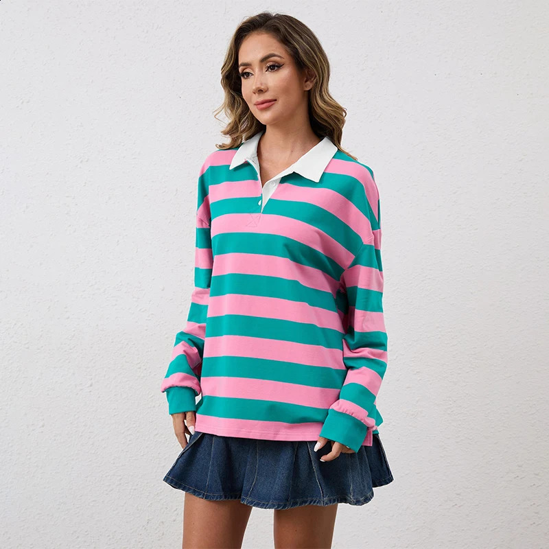 Wholesale Stock Women Striped Lapel Tops Heavyweight Loose Fit Long Sleeve Rugby Sportswear Casual Golf Polo Shirts 250916
