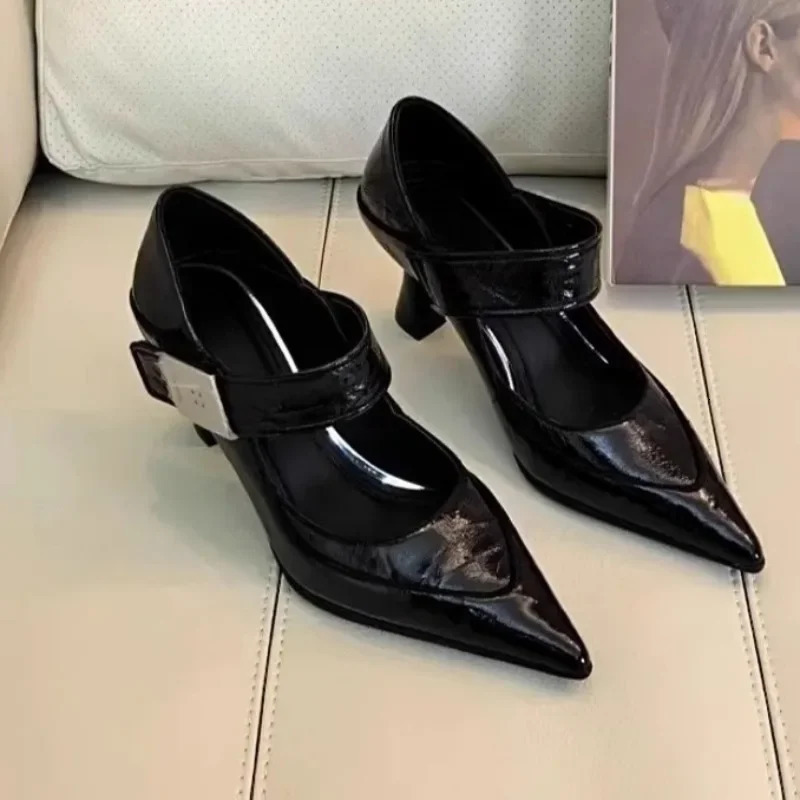 French Single Shoe Spring and Autumn Fashion One Word Block Heel Shoes with Pointed Toe 250915